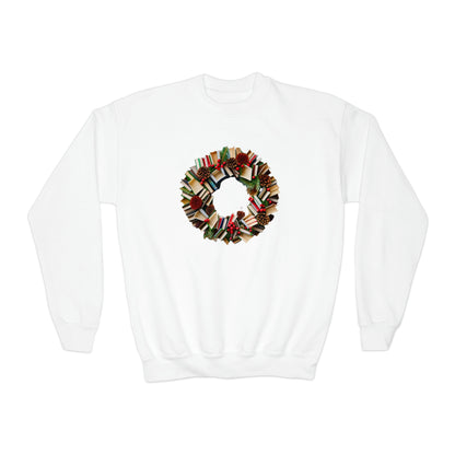 Holiday Book Wreath: Festive Literary Book Lover & Christmas Pinecone Arrangement - Youth Crewneck Sweatshirt