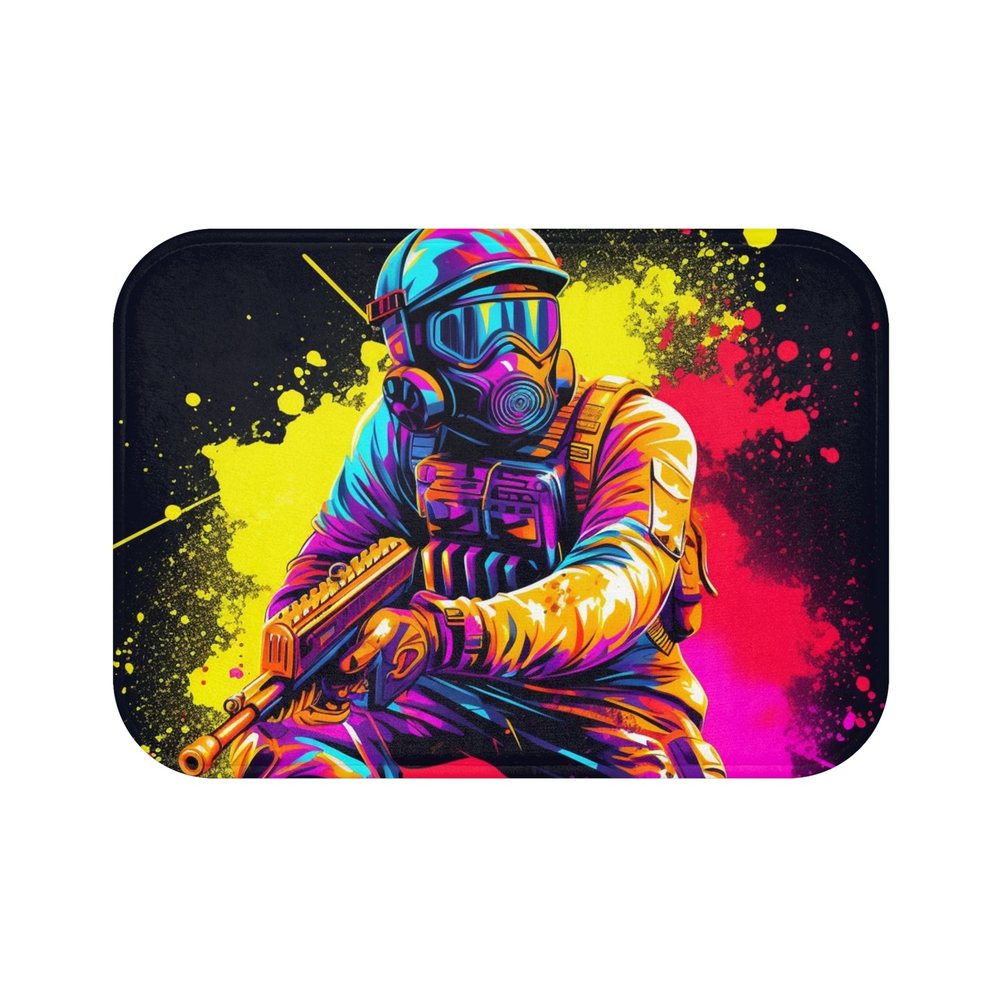 Deporte de acción de paintball: jugador en batalla, salpicaduras de pintura - Alfombra de baño