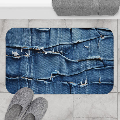 Denim desgastado azul medianoche: diseño resistente, rasgado y elegante - Alfombra de baño