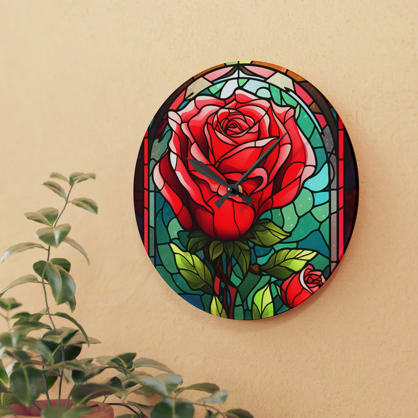 Stained Glass Flower Rose Design - Acrylic Wall Clock