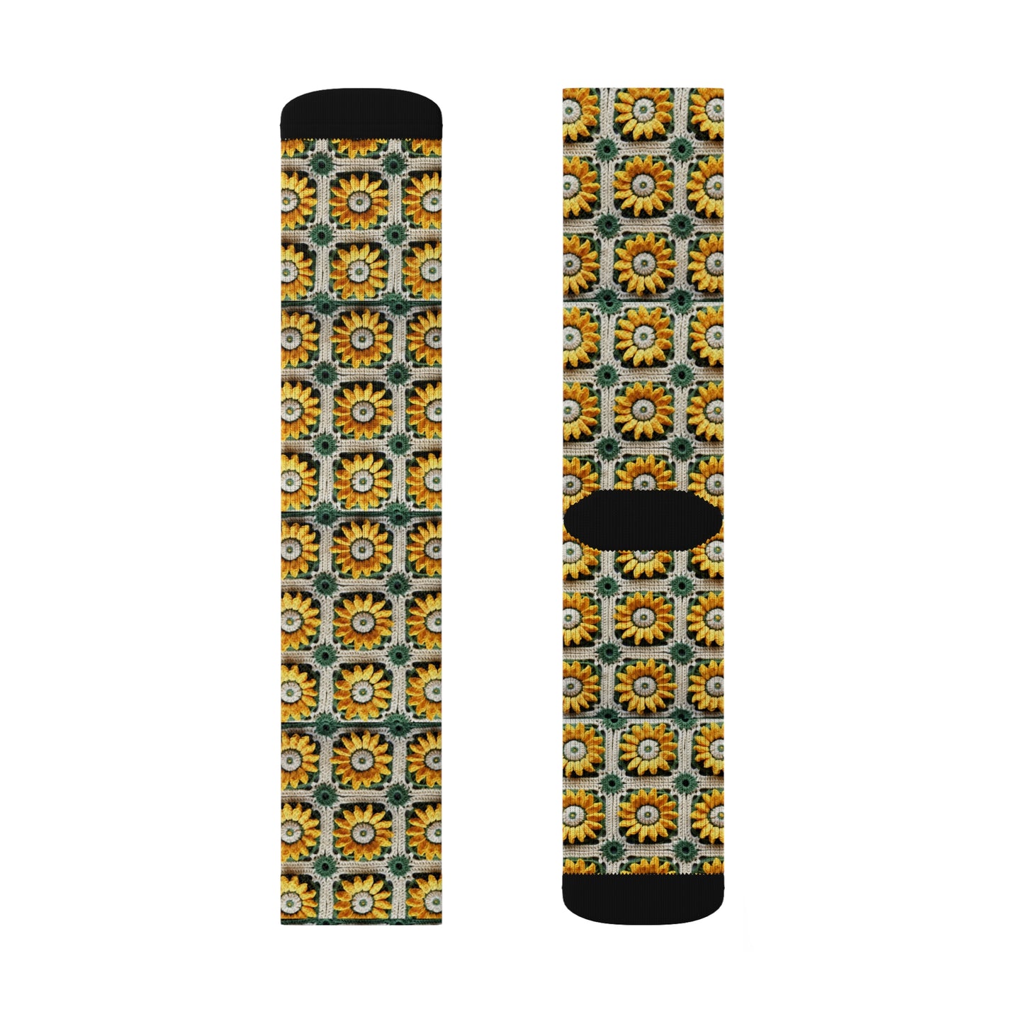 Sunflower Crochet Elegance, Granny Square Design, Radiant Floral Motif. Bring the Warmth of Sunflowers to Your Space - Sublimation Socks