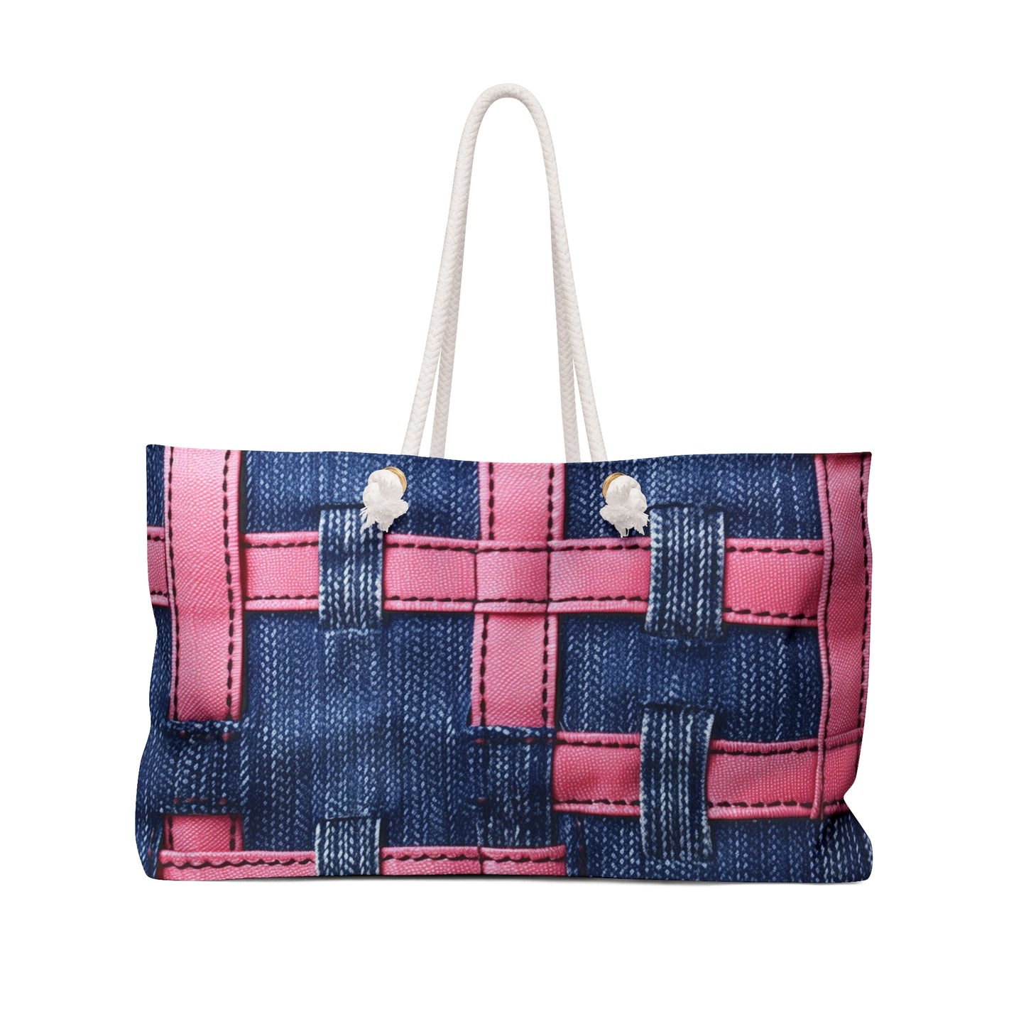 Candy-Striped Crossover: Pink Denim Ribbons Dancing on Blue Stage - Weekender Bag