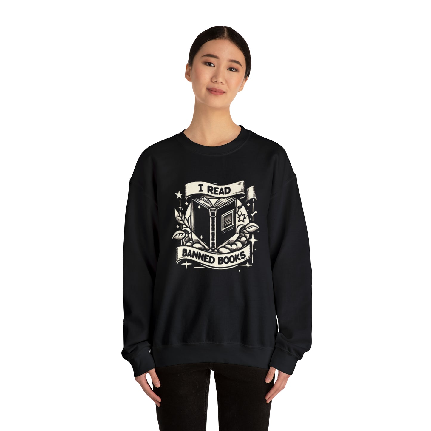 Leo libros prohibidos - Escudo monocromo con estrellas y laurel - Sudadera unisex Heavy Blend™ con cuello redondo