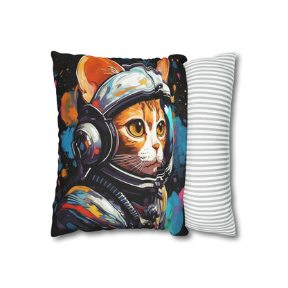 Astro Cat Adventure Feline - Pop Art, Floating in Cosmic Space - Spun Polyester Square Pillow Case