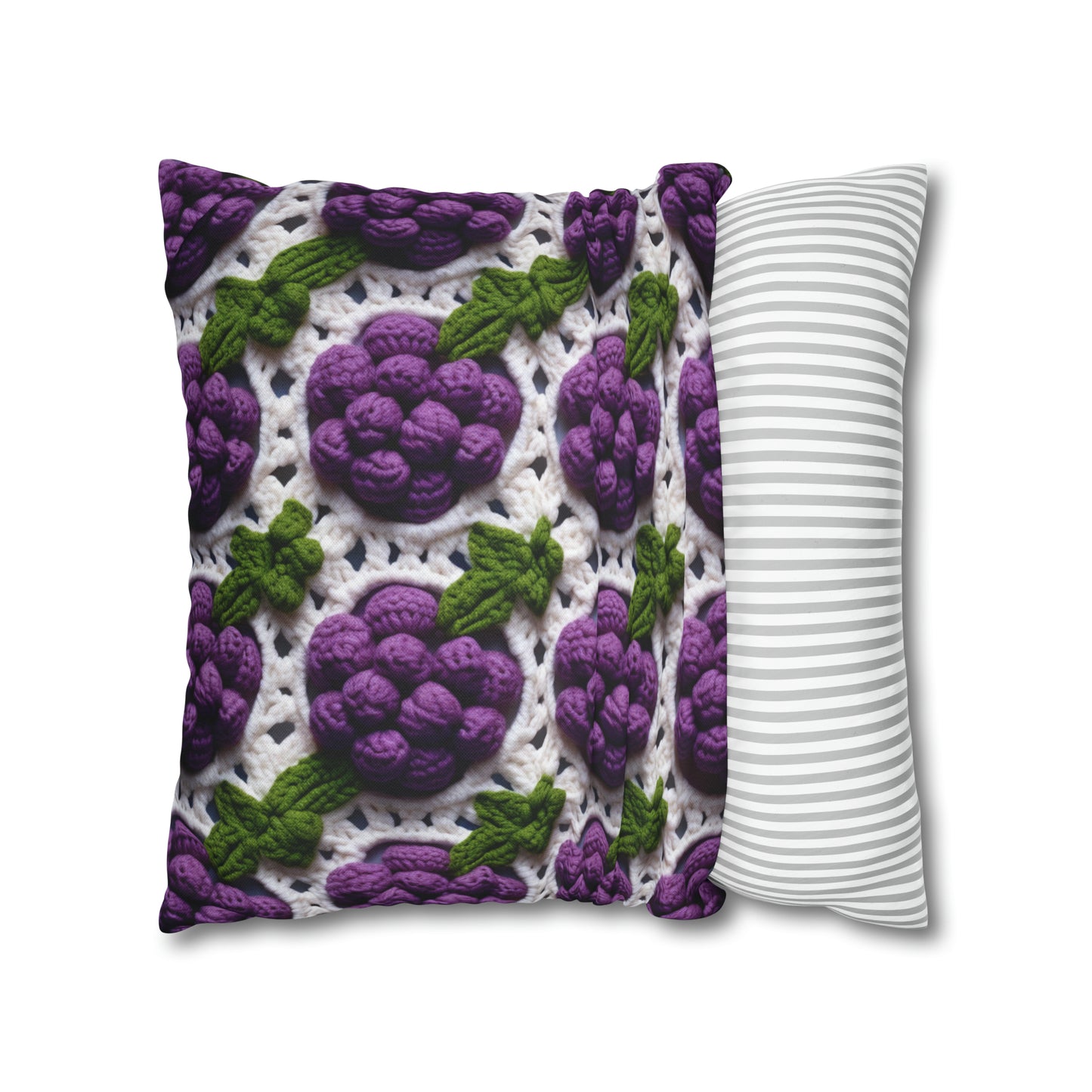 Crochet Grapes Pattern - Granny Square Design - Fresh Fruit Pick - Orchard Purple Snack Food - Spun Polyester Square Pillow Case