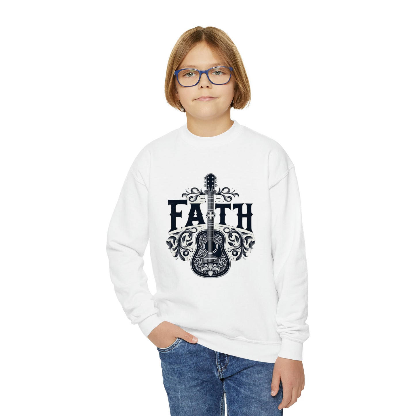 Guitar Cross Faith - Regalo cristiano, amor y gracia, fiel, Jesús - Sudadera juvenil con cuello redondo