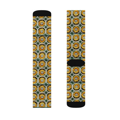 Sunflower Crochet Elegance, Granny Square Design, Radiant Floral Motif. Bring the Warmth of Sunflowers to Your Space - Sublimation Socks