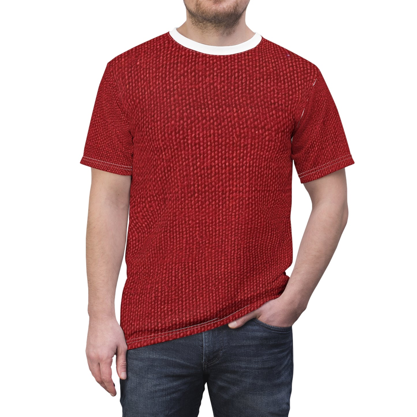 Rojo rubí atrevido: estilo de tela apasionado e inspirado en la mezclilla - Camiseta unisex cortada y cosida (AOP)