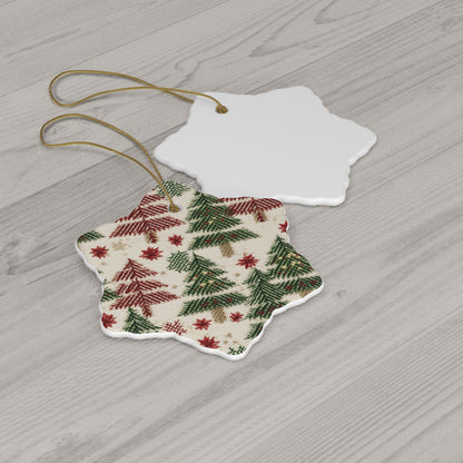 Embroidered Christmas Winter, Festive Holiday Stitching, Classic Seasonal Design - Ceramic Ornament, 4 Shapes