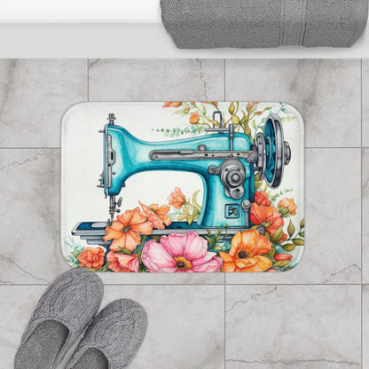 Máquina de coser azul aguamarina e ilustración floral en acuarela, artesanía artística - Alfombra de baño