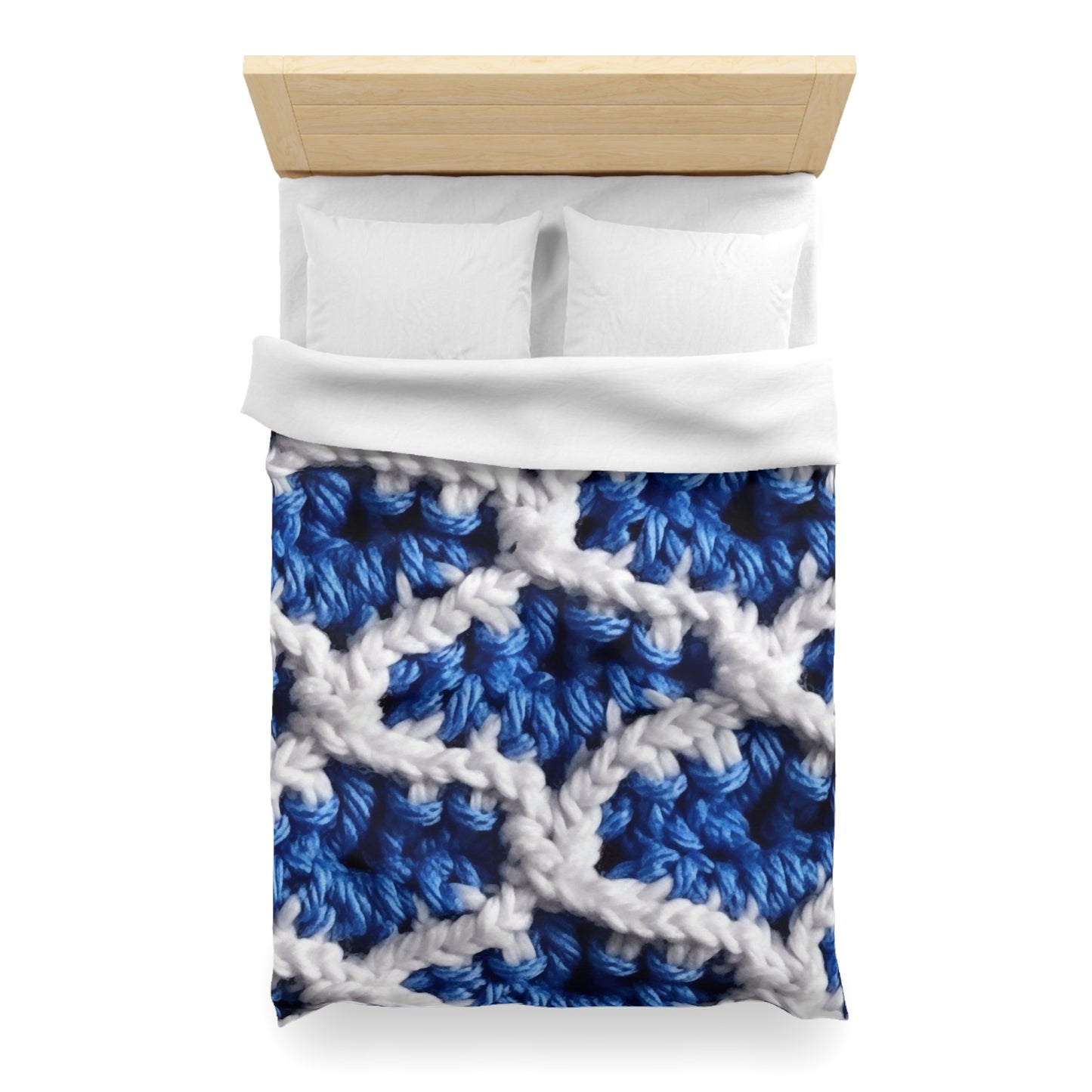 Blueberry Blue Crochet, White Accents, Classic Textured Pattern - Microfiber Duvet Cover