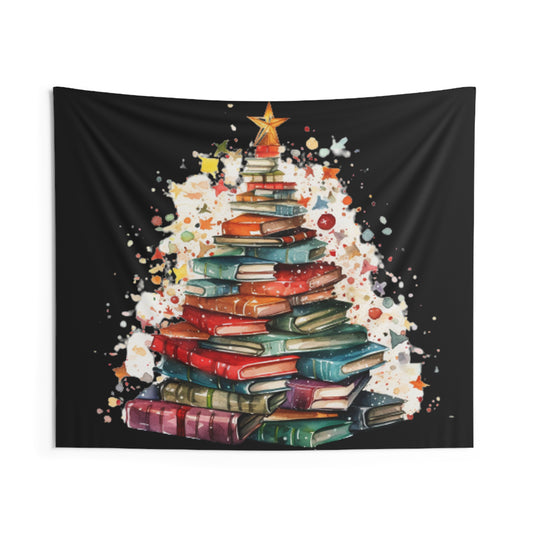Book Stack Christmas Tree, Festive Holiday Illustration, Cozy Winter Reading Theme, Seasonal Book Lover Artwork - Indoor Wall Tapestries