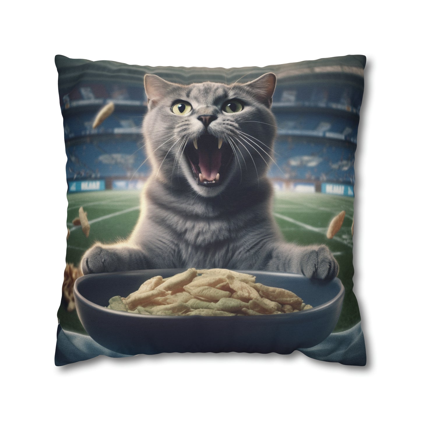 Halftime Football Feline: Screaming Sports Fan Cat Stadium Food Kitten - Spun Polyester Square Pillow Case