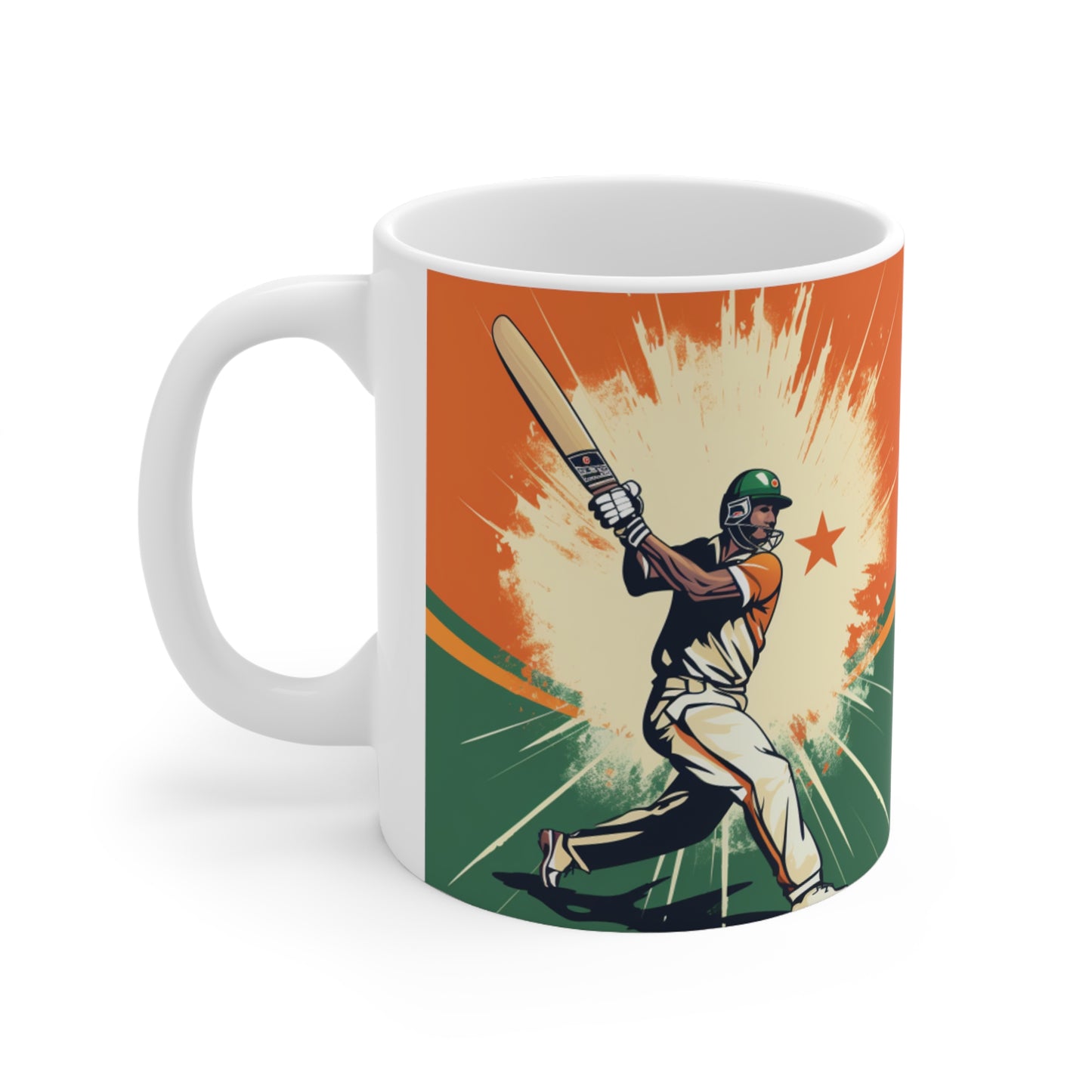 India Cricket Star: Batsman With Willow Bat, National Flag Style - Sport Game - Ceramic Mug 11oz