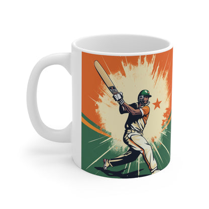 India Cricket Star: Batsman With Willow Bat, National Flag Style - Sport Game - Ceramic Mug 11oz