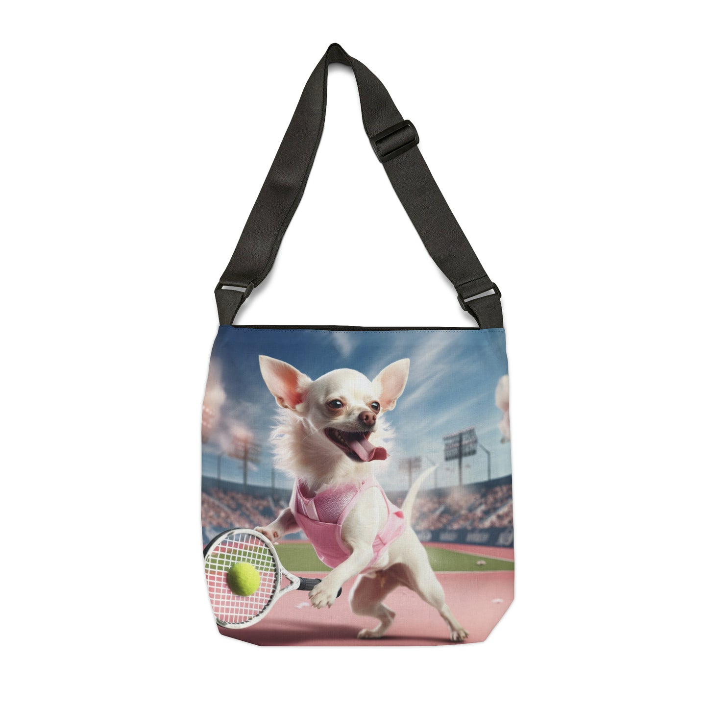 Chihuahua Tennis Ace: Traje rosa para perro, juego deportivo atlético de cancha - Bolsa de mano ajustable (AOP)