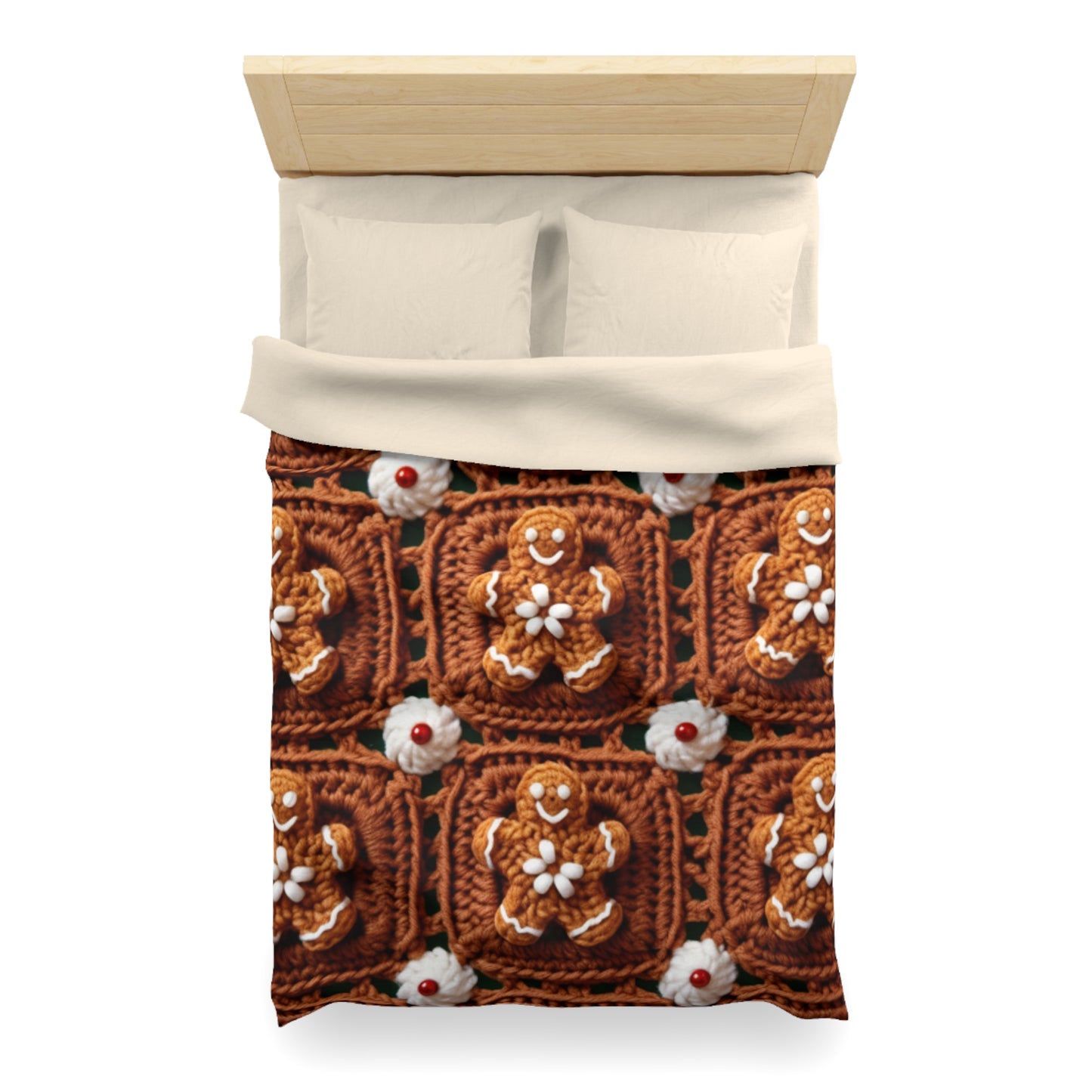 Gingerbread Man Crochet, Classic Christmas Cookie Design, Festive Yuletide Craft. Holiday Decor - Microfiber Duvet Cover