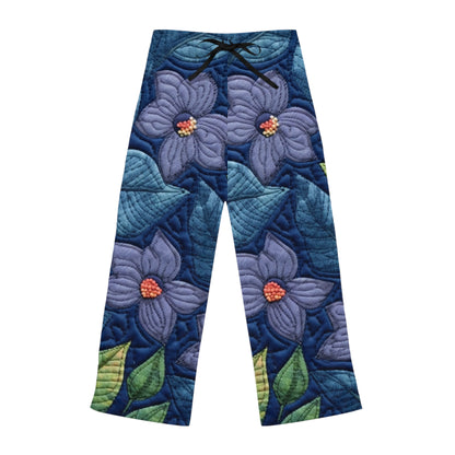 Floral Embroidery Blue: Denim-Inspired, Artisan-Crafted Flower Design - Women's Pajama Pants (AOP)