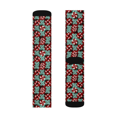 Christmas Crochet Candy Cane - Pepper Red Crystal White Holiday Pattern - Sublimation Socks