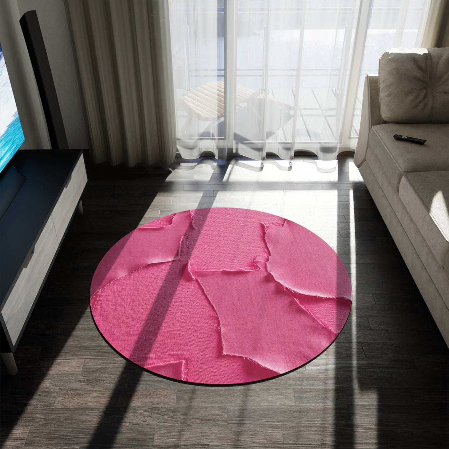 Distressed Neon Pink: Edgy, Ripped Denim-Inspired Doll Fabric - Round Rug