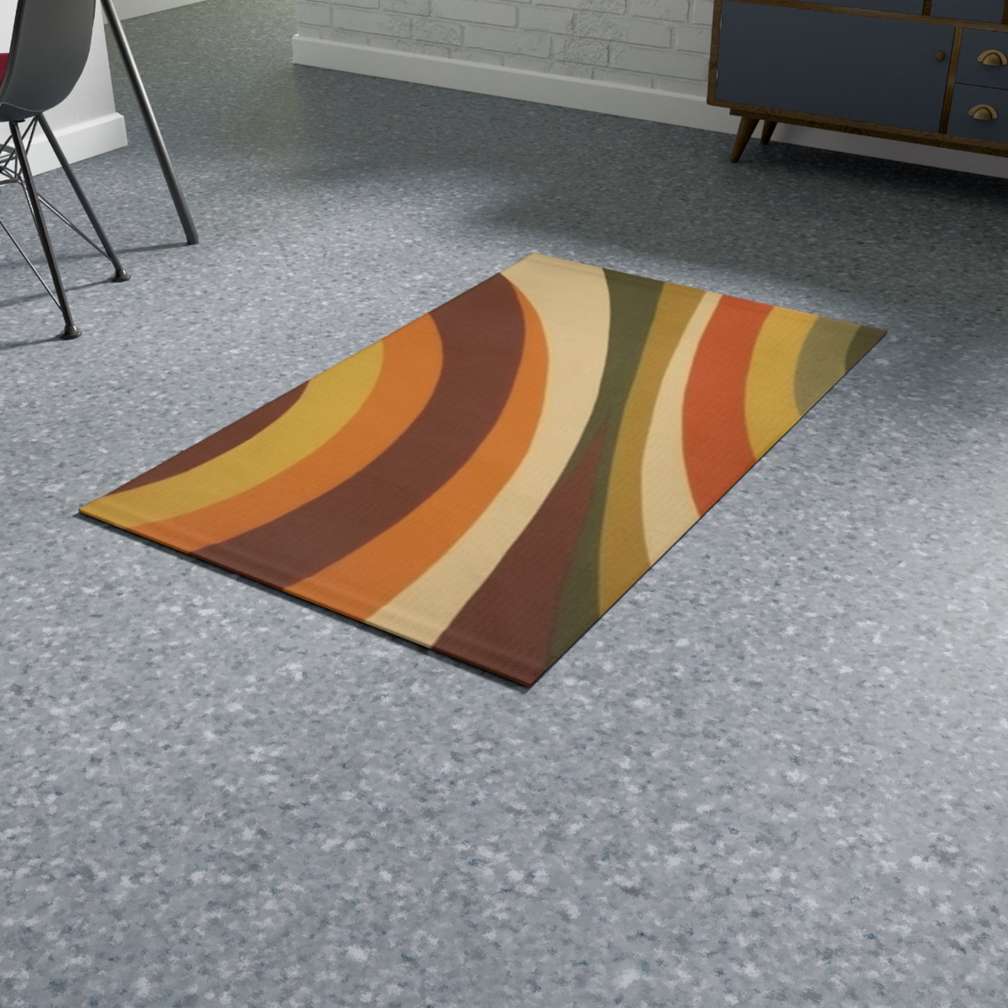 Groovy 1970s Mod-Inspired Dobby Rug in Bold Orange, Green, Rust, Gold, and Beige