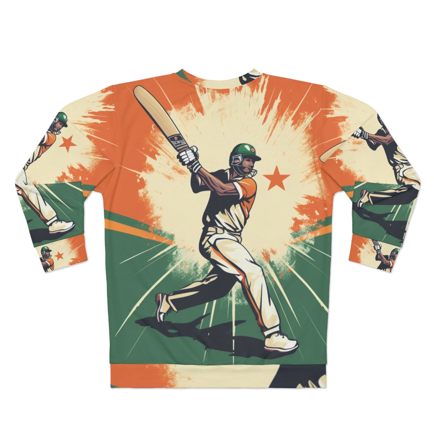 India Cricket Star: Batsman With Willow Bat, National Flag Style - Sport Game - Unisex Sweatshirt (AOP)