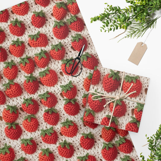 Strawberry Traditional Japanese, Crochet Craft, Fruit Design, Red Berry Pattern - Wrapping Paper