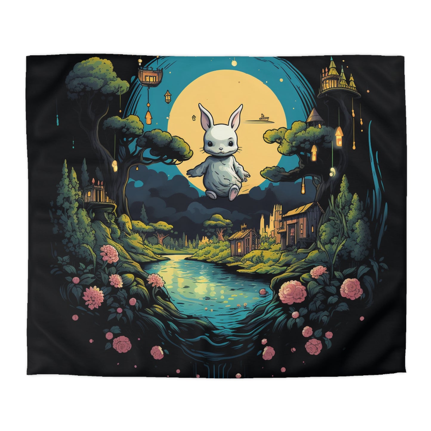 White Rabbit Mystery Psychedelic Fantasy Anime Cartoon Bunny - Funda nórdica de microfibra 