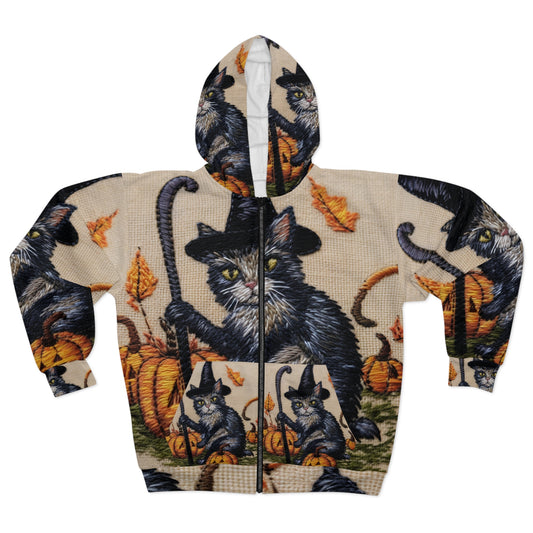 Magia de gato de Halloween: estilo felino bordado con calabazas y sombrero de bruja - Sudadera con capucha unisex con cremallera (AOP) 