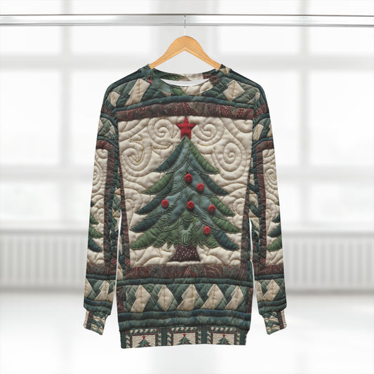 Christmas Tree Quilt Art - Cottagecore Festive Charm - Nostalgic Grandmillennial Style - Vintage Inspired Holiday Decor - Unisex Sweatshirt (AOP)