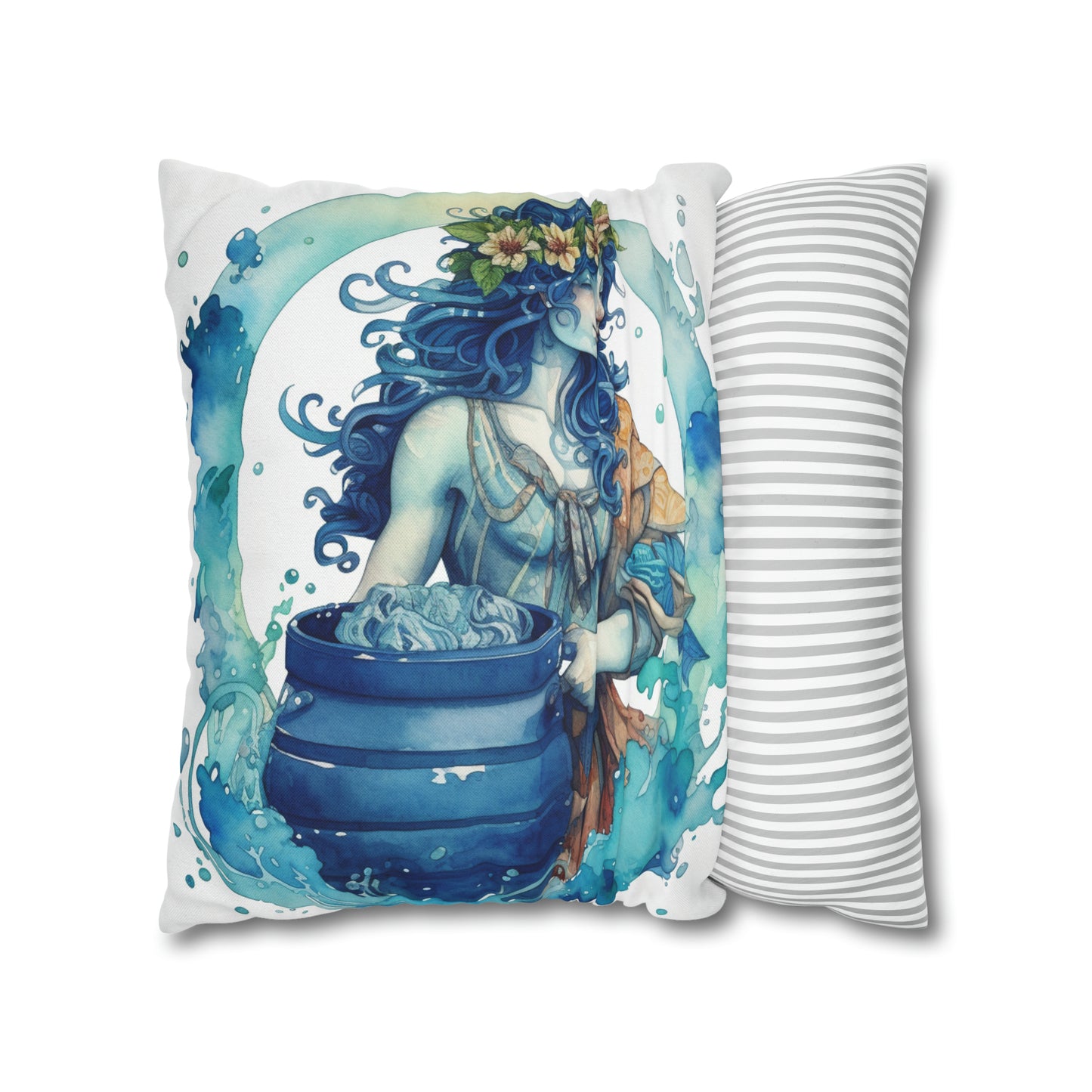 Artistic Aquarius Zodiac - Watercolor Water-Bearer Depiction - Spun Polyester Square Pillow Case