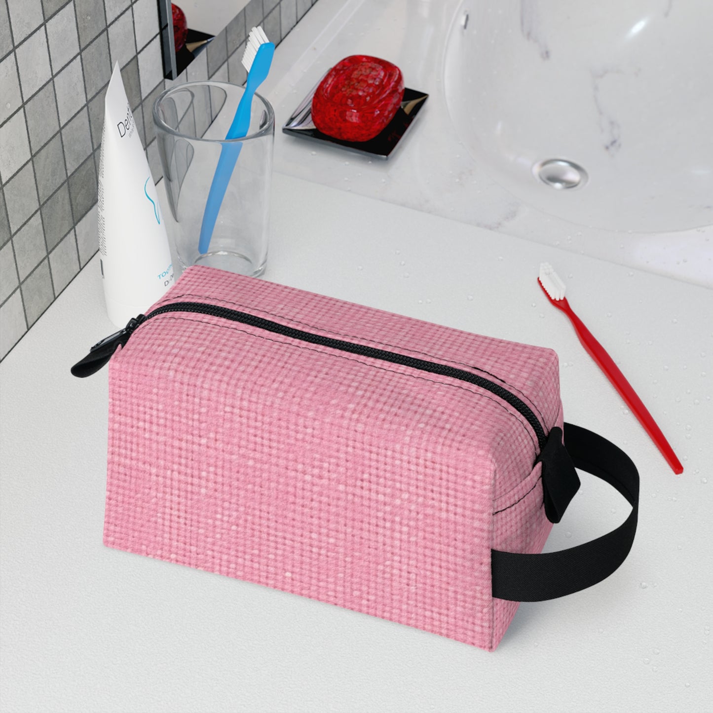 Pastel Rose Pink: Denim-Inspired, Refreshing Fabric Design - Toiletry Bag
