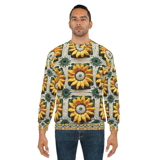 Elegancia de crochet de girasol, diseño Granny Square, motivo floral radiante. Lleva la calidez de los girasoles a tu espacio - Sudadera unisex (AOP) 