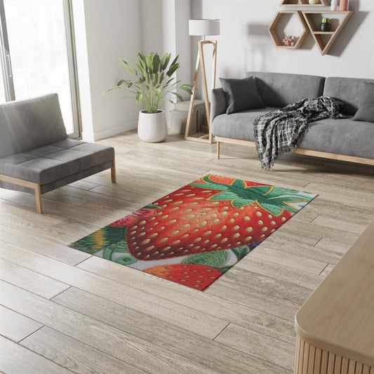 Berry Delight: Sun-Kissed Strawberries Fields Meet Embroidered Style Strawberry Patterns - Dobby Rug