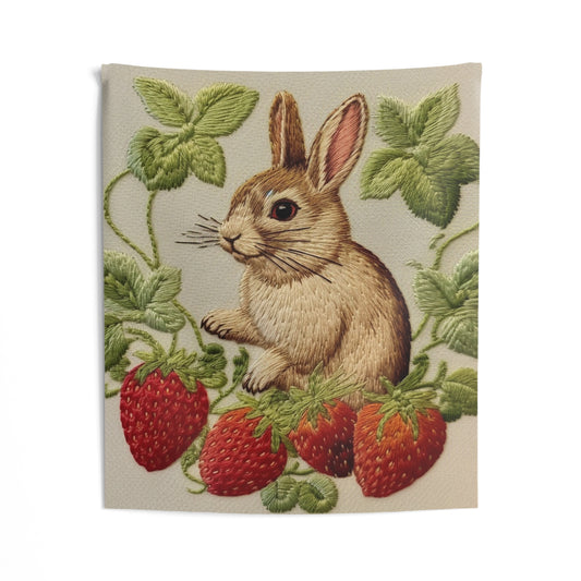 Strawberry Bunny Rabit - Embroidery Style - Strawberries Fruit Munchies - Easter Gift - Indoor Wall Tapestries