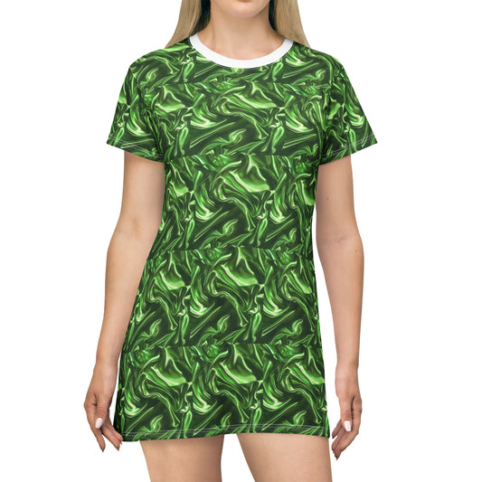 Green Silk Faux, T-Shirt Dress (AOP)