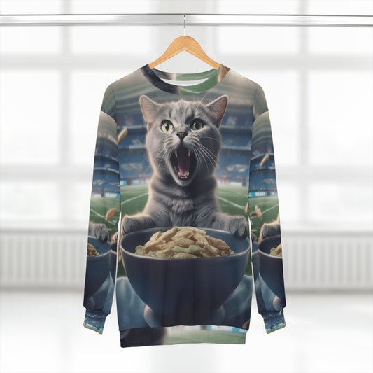 Felino de fútbol de medio tiempo: gatito de comida del estadio del gato fanático de los deportes gritando - Sudadera unisex (AOP)