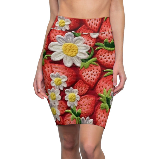 Strawberry Strawberries Embroidery Design - Fresh Pick Red Berry Sweet Fruit - Women's Pencil Skirt (AOP)