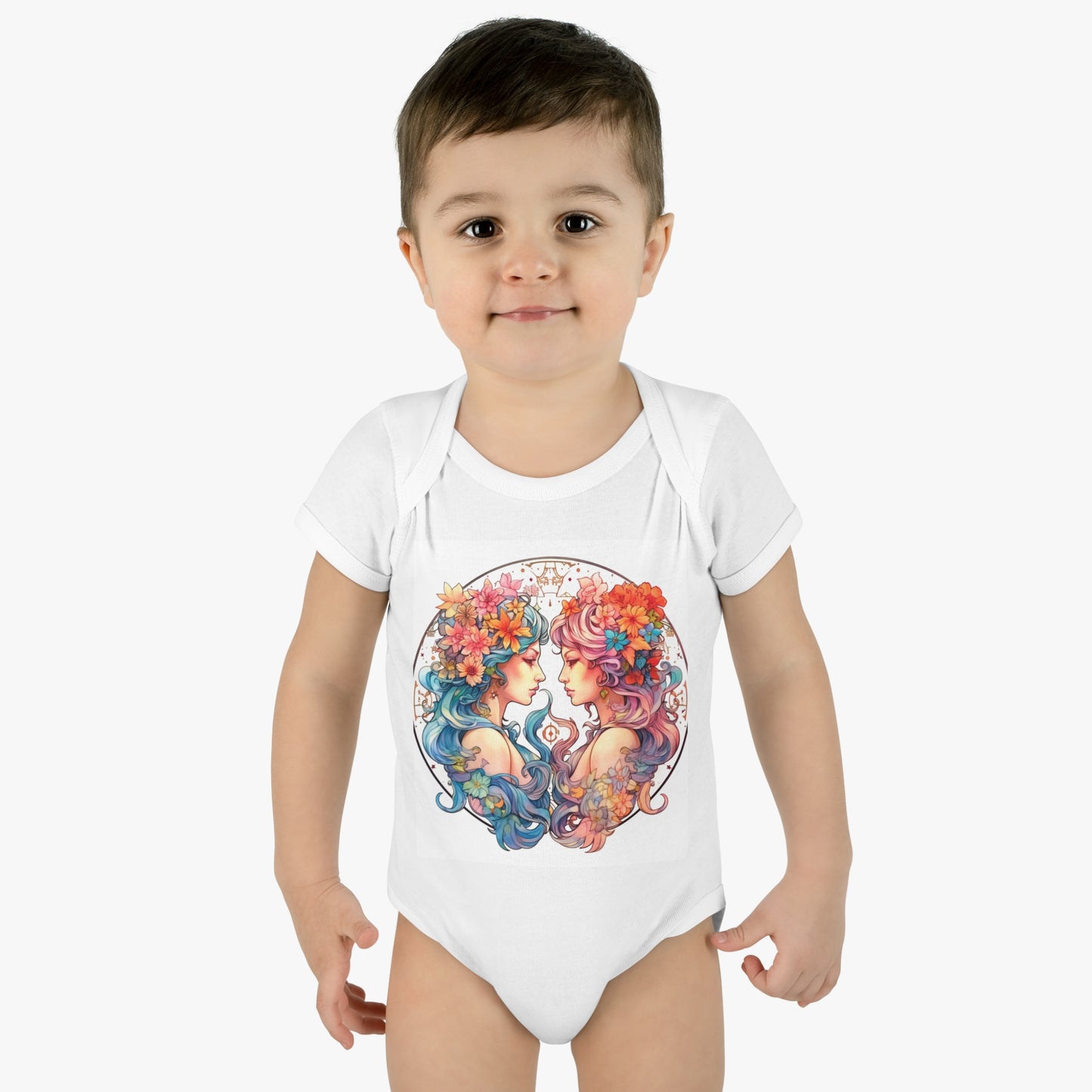 Zodiac Gemini Clipart - Twins Symbol, Whimsical Comic Style - Infant Baby Rib Bodysuit