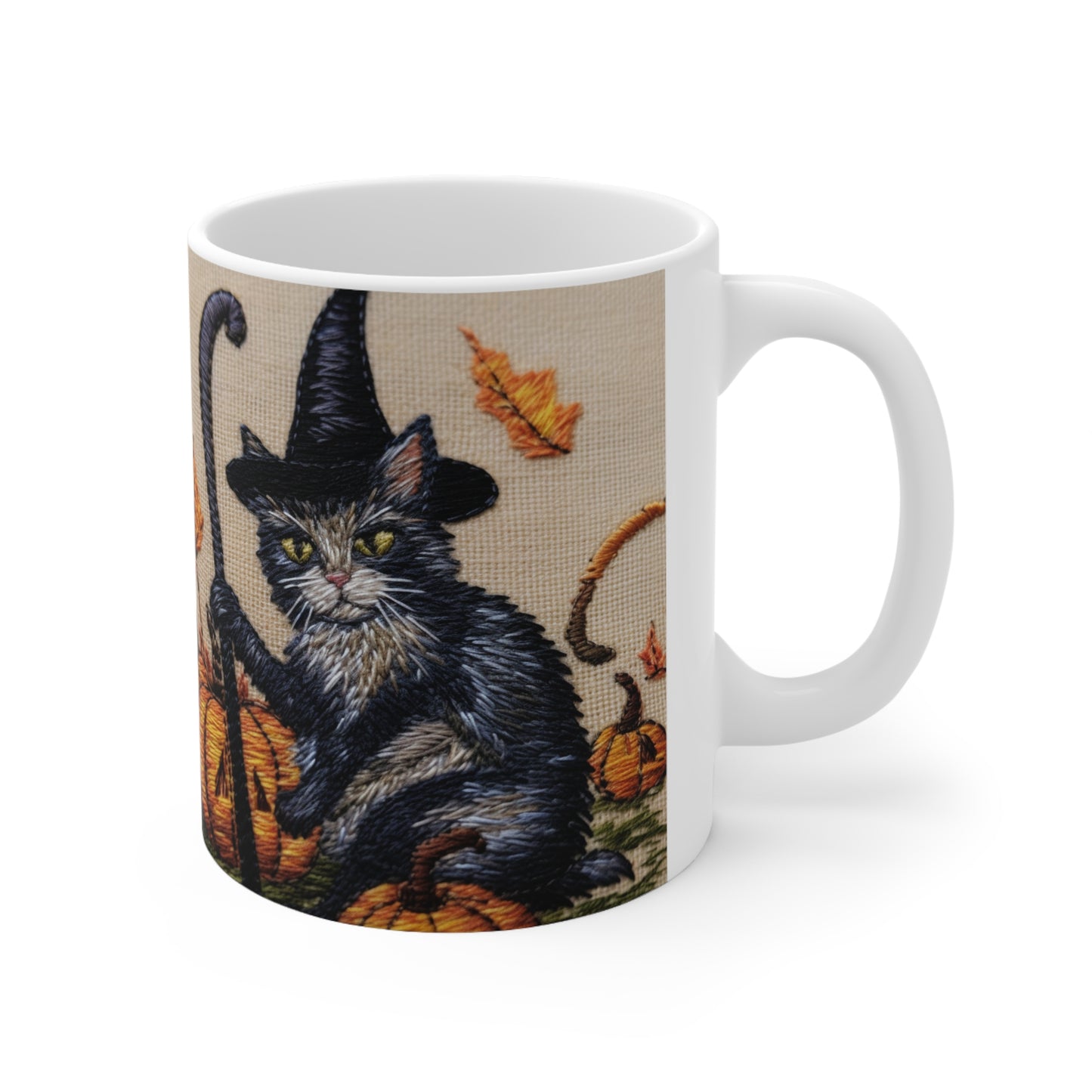 Halloween Cat Magic: Embroidered Style Feline with Pumpkins & Witch Hat - Ceramic Mug 11oz