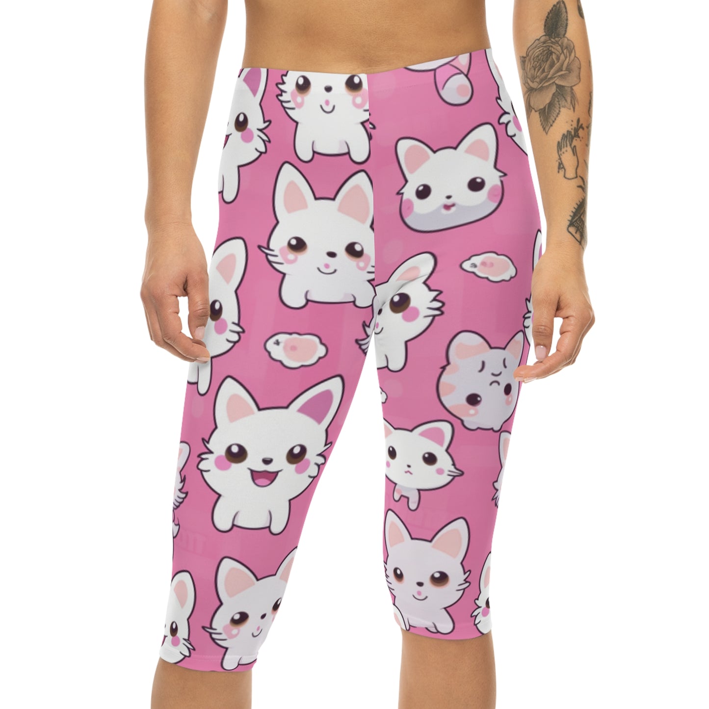 Adorable Cartoon-Style Anime Kitten, Cat, Kitty Pattern - Cute and Colorful - Women’s Capri Leggings (AOP)