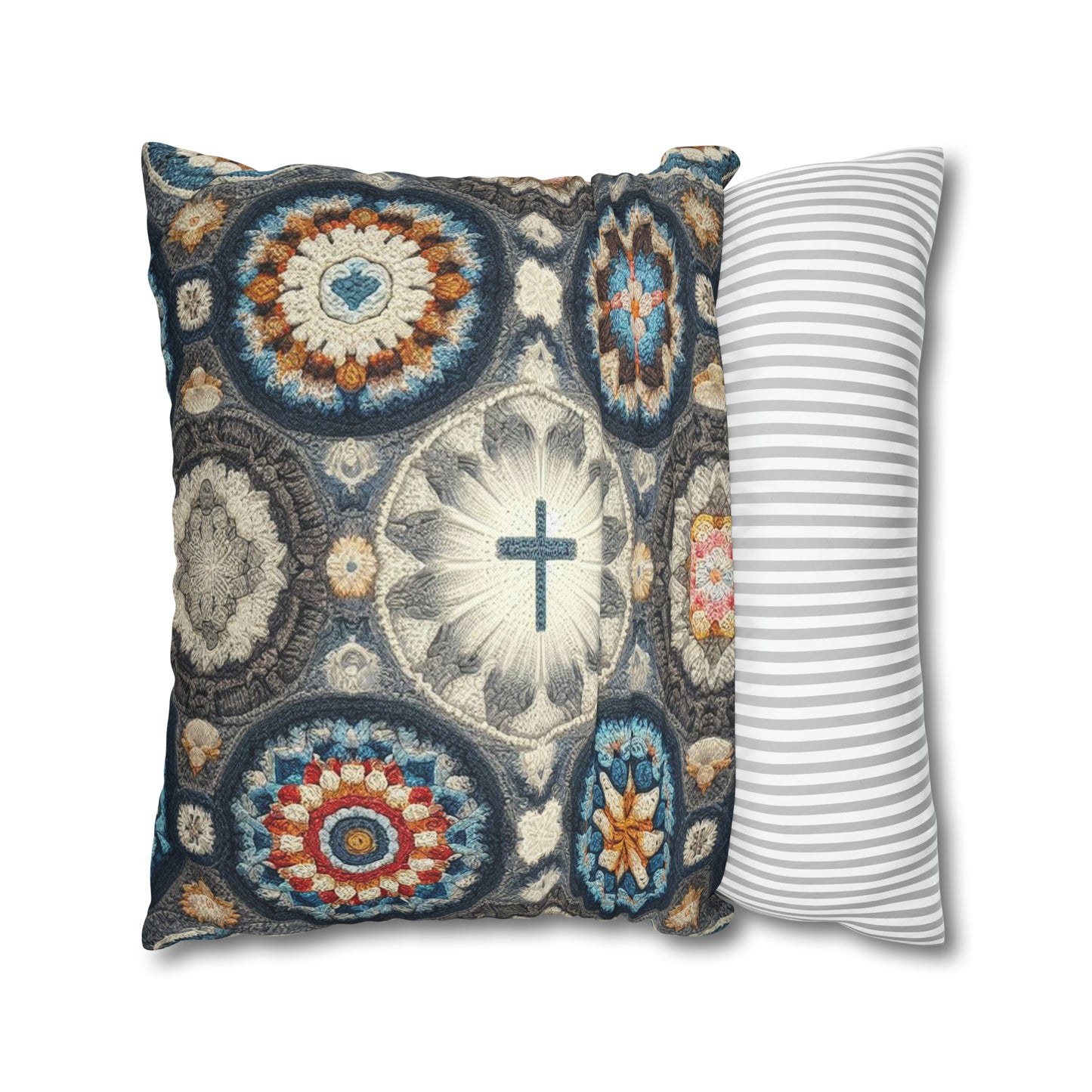 Bohemian Crochet Mandala with Centered Christian Cross - Earthy Tones Mosaic - Spun Polyester Square Pillow Case