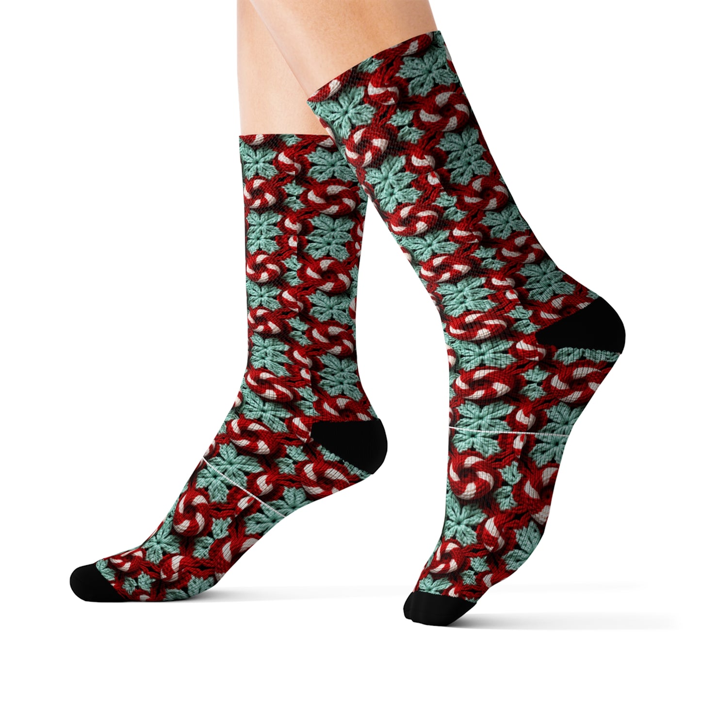 Christmas Crochet Candy Cane - Pepper Red Crystal White Holiday Pattern - Sublimation Socks