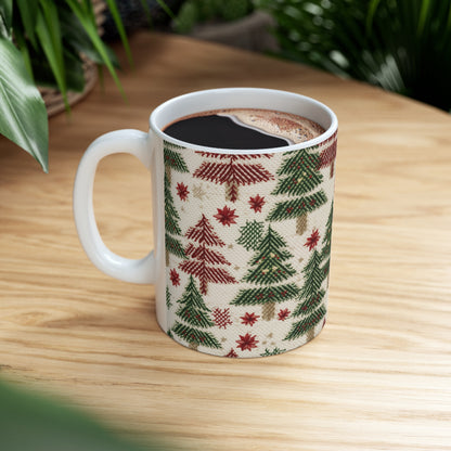 Invierno navideño bordado, costuras festivas, diseño clásico de temporada - Taza de cerámica de 11 oz 