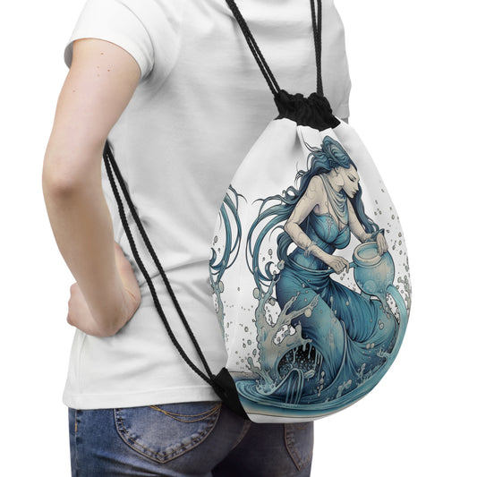 Aquarius Zodiac Symbol - Girl Pouring Water, Hand-Drawn Style - Drawstring Bag