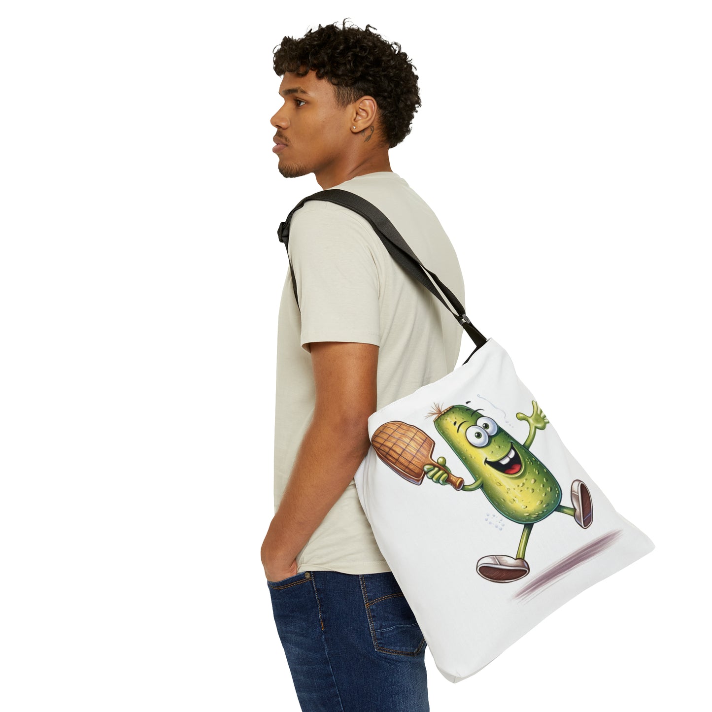 Pickle Player Action: Cartoon Swinging Pickleball Paddle - Sporty Charm - Adjustable Tote Bag (AOP)