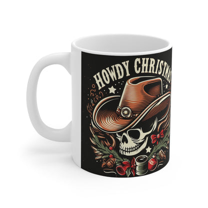 Spooky Western Holiday - Howdy Christmas with Cowboy Skull, Festive Hat & Seasonal Decor - Ceramic Mug 11oz