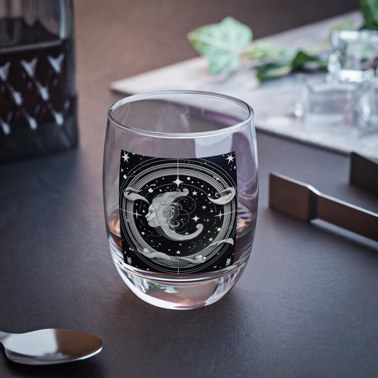 Aquarius Zodiac Clear Glass Whiskey Glass - Sturdy - Black & White Mystical Design