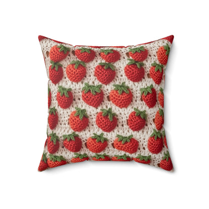 Strawberry Traditional Japanese, Crochet Craft, Fruit Design, Red Berry Pattern - Spun Polyester Square Pillow