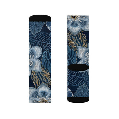 Flower Blossom Embroidery Floral on Denim Style - Sublimation Socks